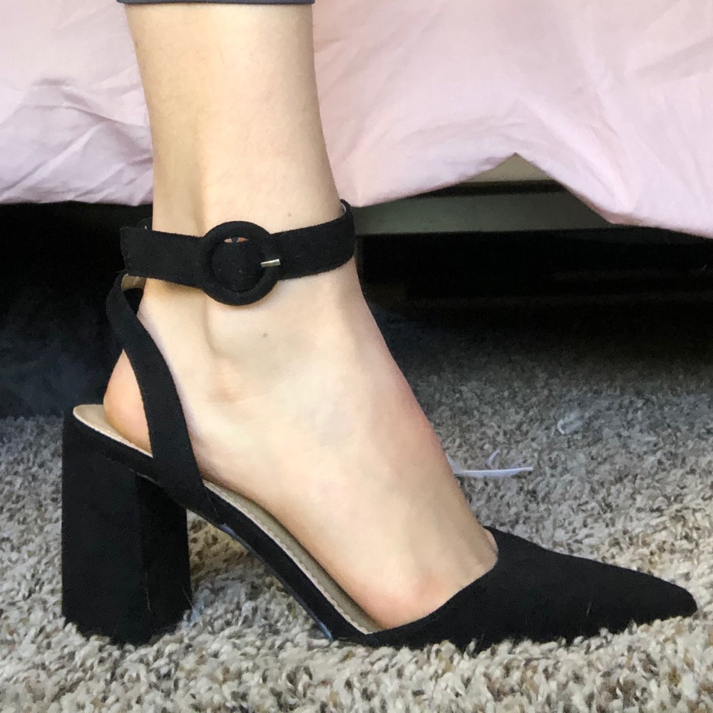 Black Pointed Heels with Ankle Strap